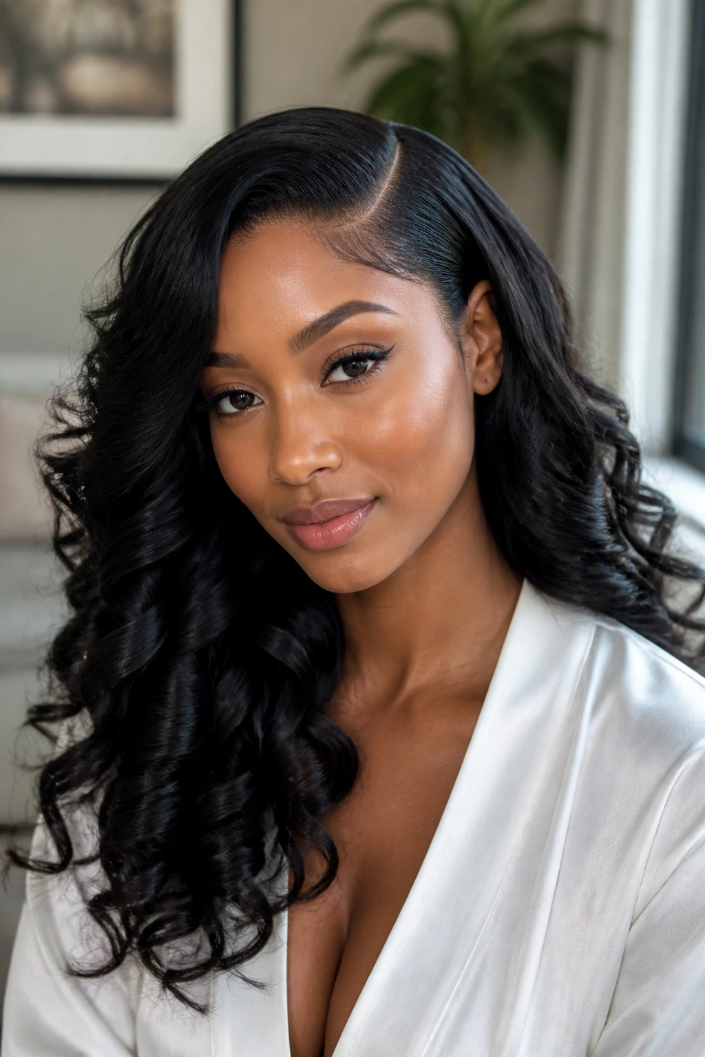 Real woman with loose defined curls and a deep side part in natural daylight