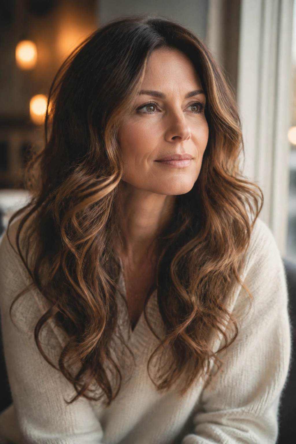 Real woman with romantic loose curls and long layers