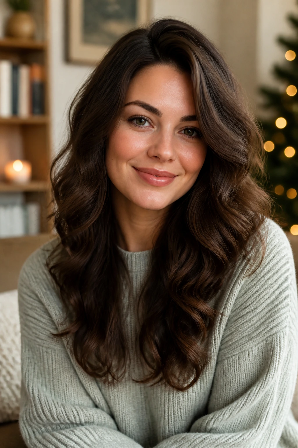 Close-up of real woman with loose side-part curls softly framing the face