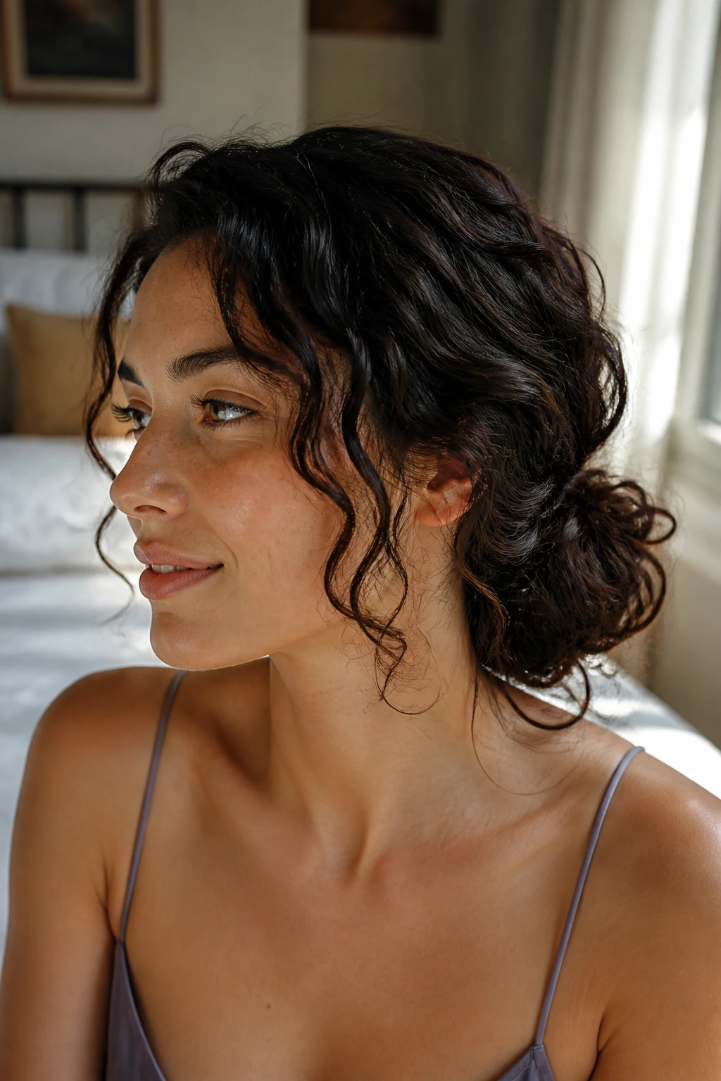 Close-up of a real woman with a loose curly chignon at the nape showing curl texture