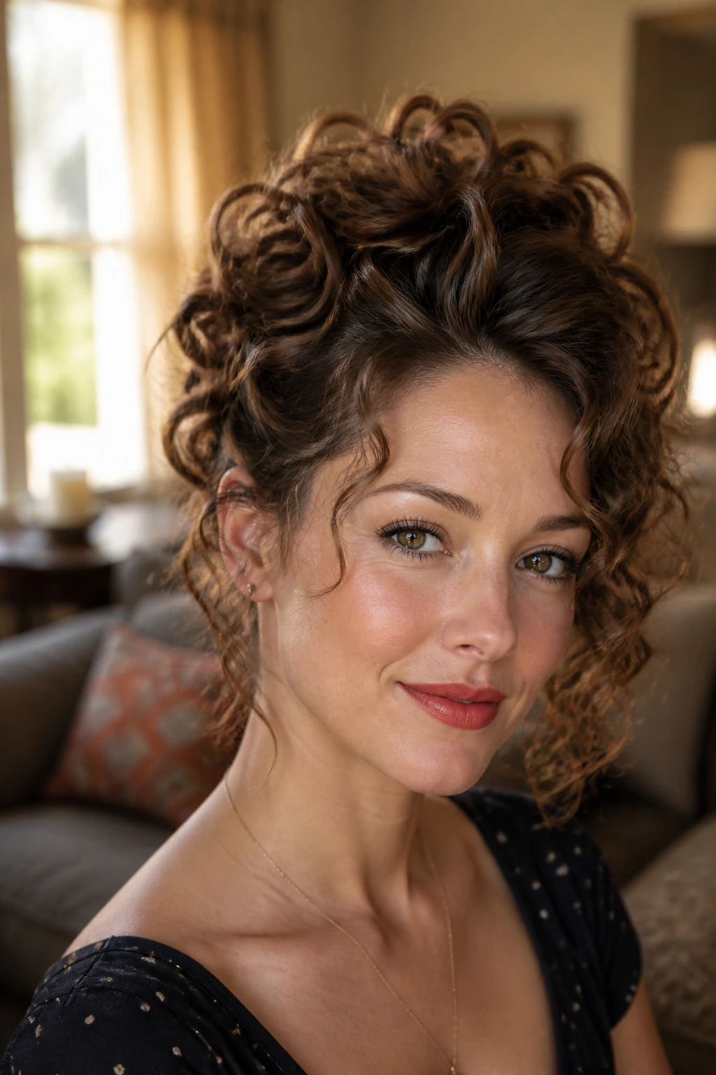 Close-up of a real woman with a loose curly pin-up hairstyle