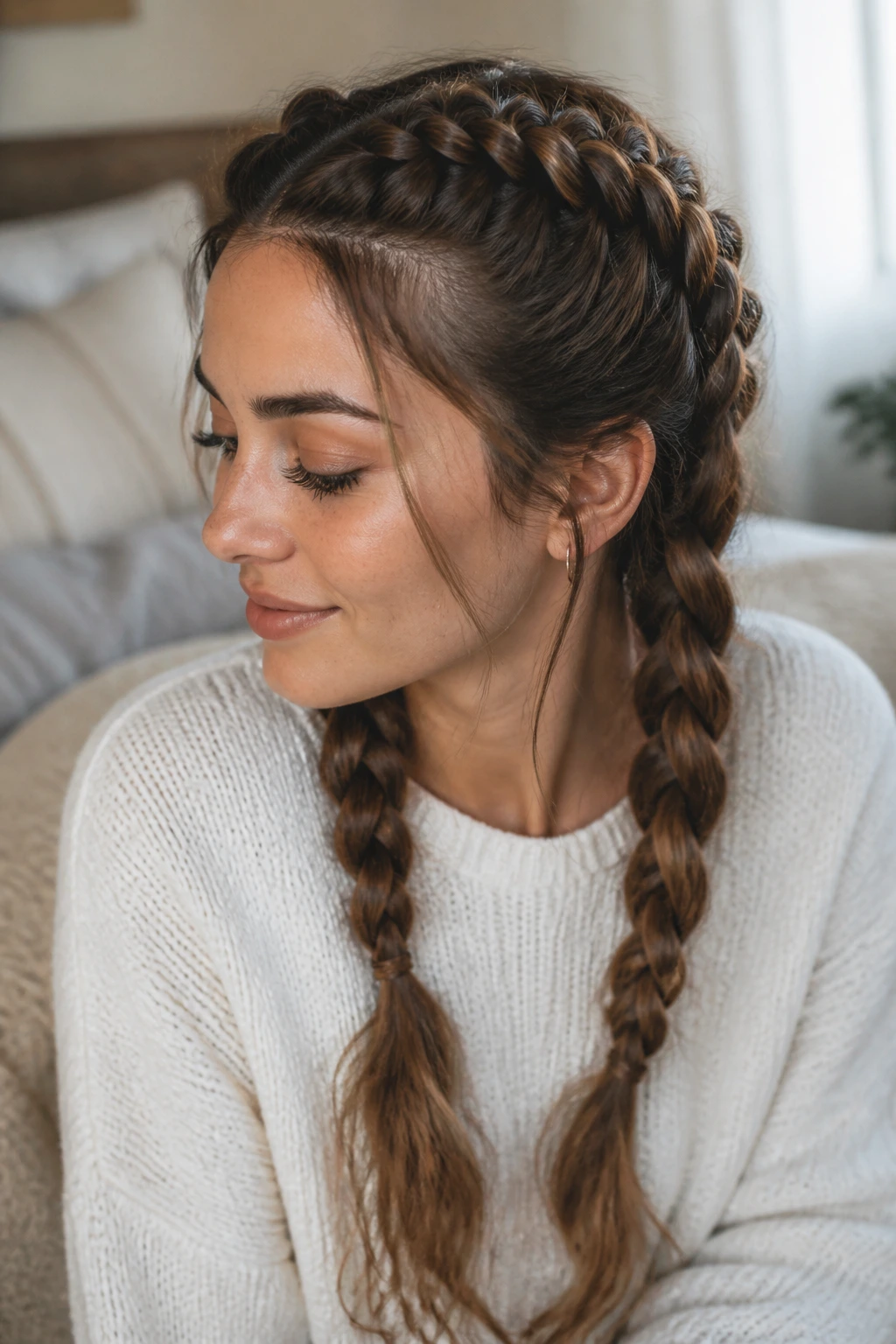 Portrait of a real person with two loose Dutch braids on the crown