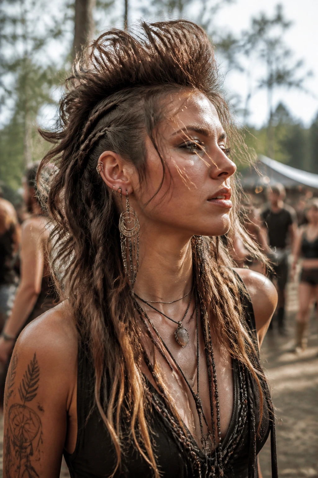 Medium close-up of a person with a loose festival frohawk in outdoor festival setting