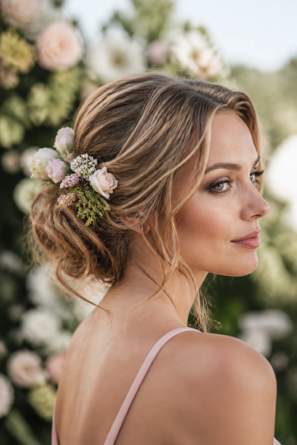 Close-up of a loose floral bun with small blooms in hair