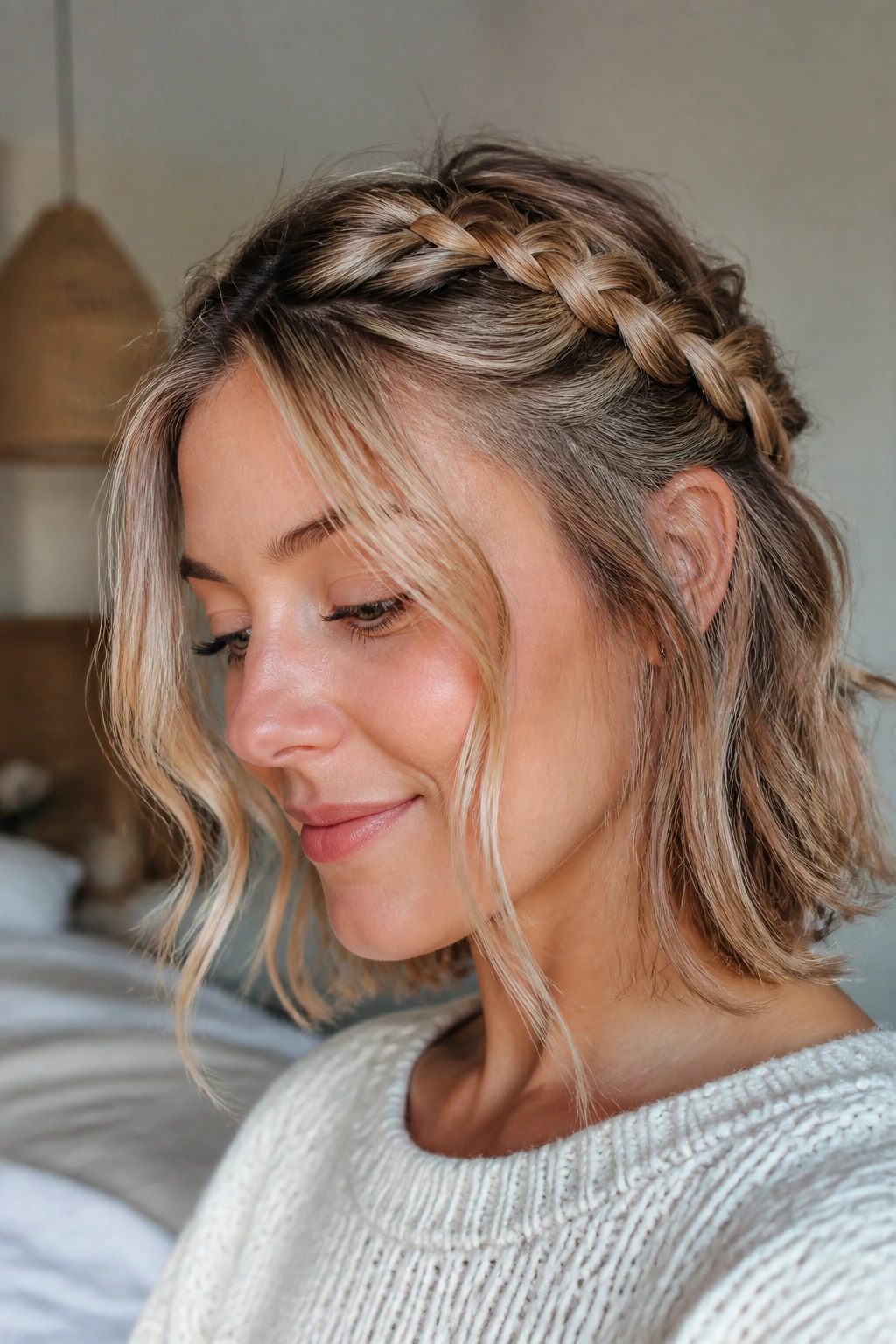 Loose French braid with face-framing pieces on a real person.