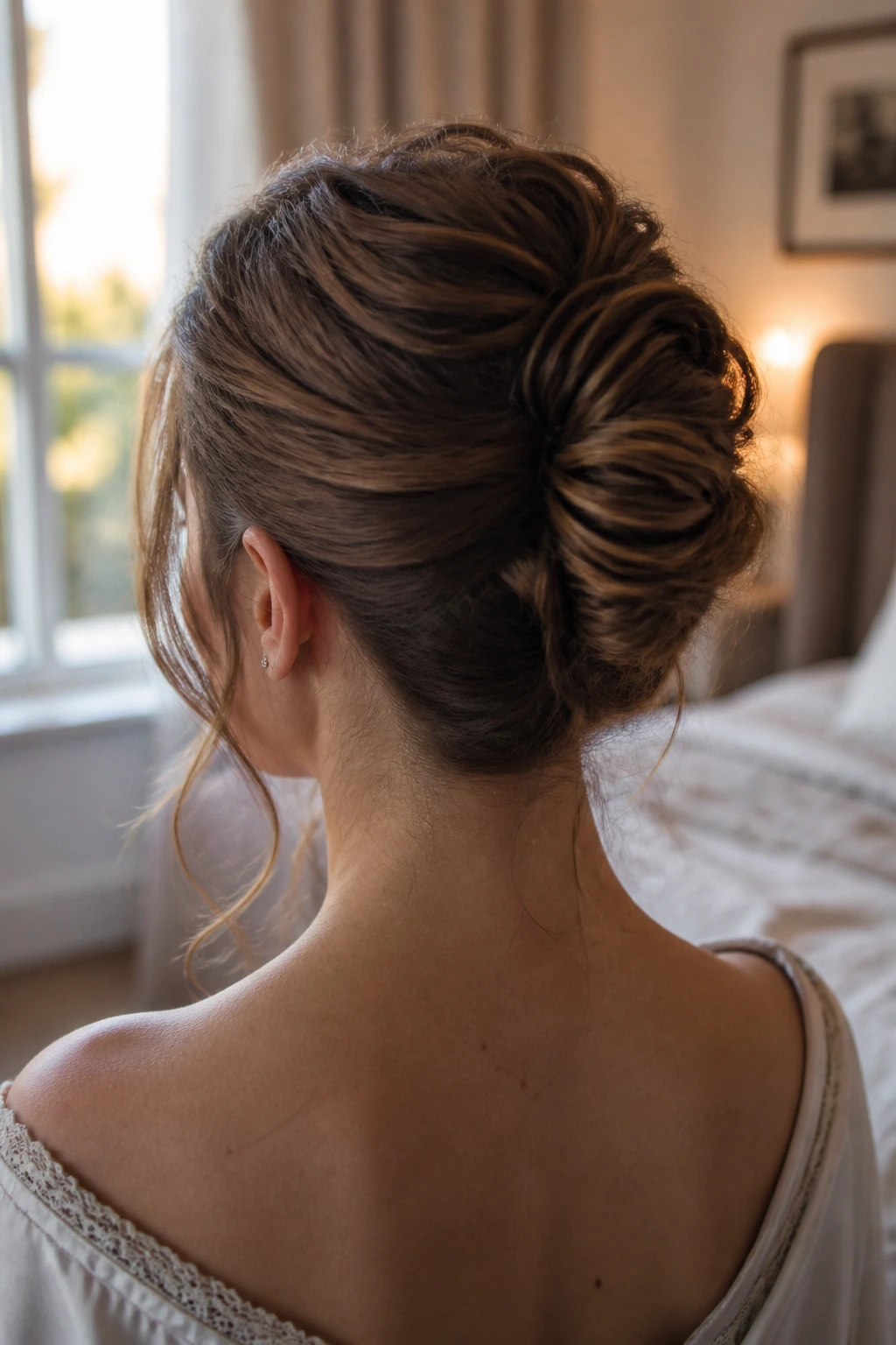 Back view of a woman wearing a romantic loose French roll with loose strands