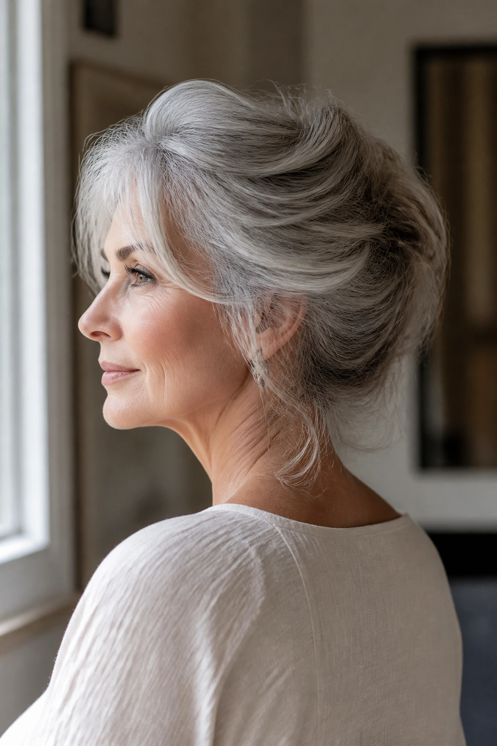 Portrait of a woman with a relaxed French twist and soft ends, gray hair, warm indoor light.