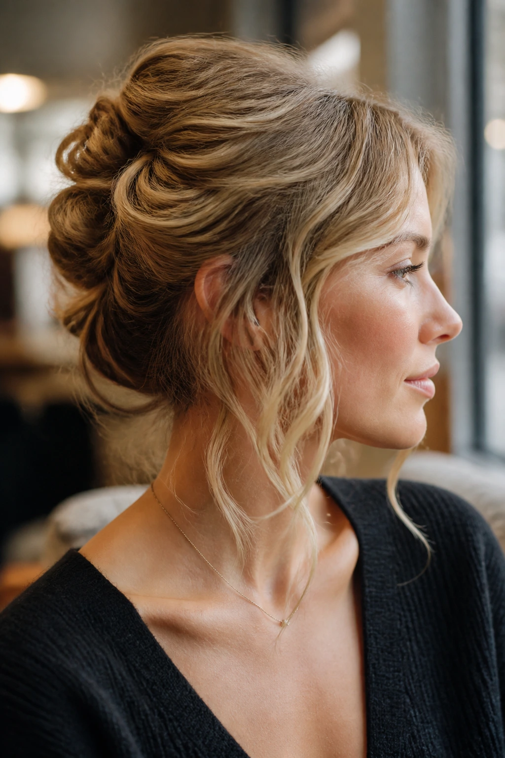 Loose French twist with waves around the face on a real woman.