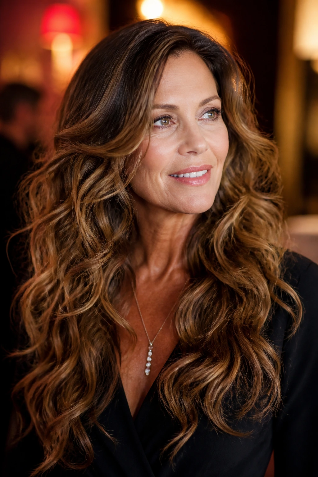 Portrait of a woman with big-wave curls and loose glam layers in warm lighting.