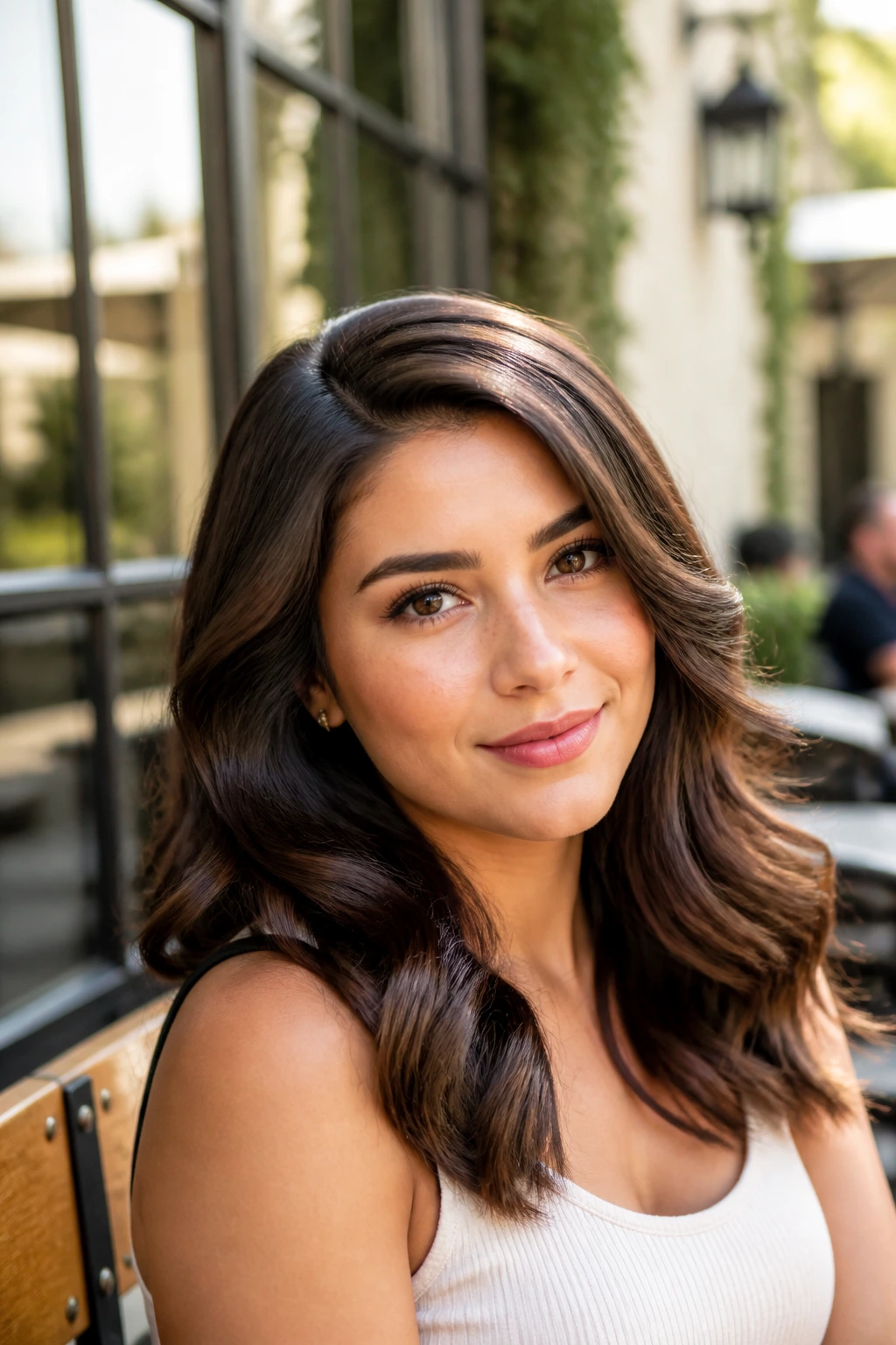 Close-up of a graduate with loose Hollywood waves in natural light