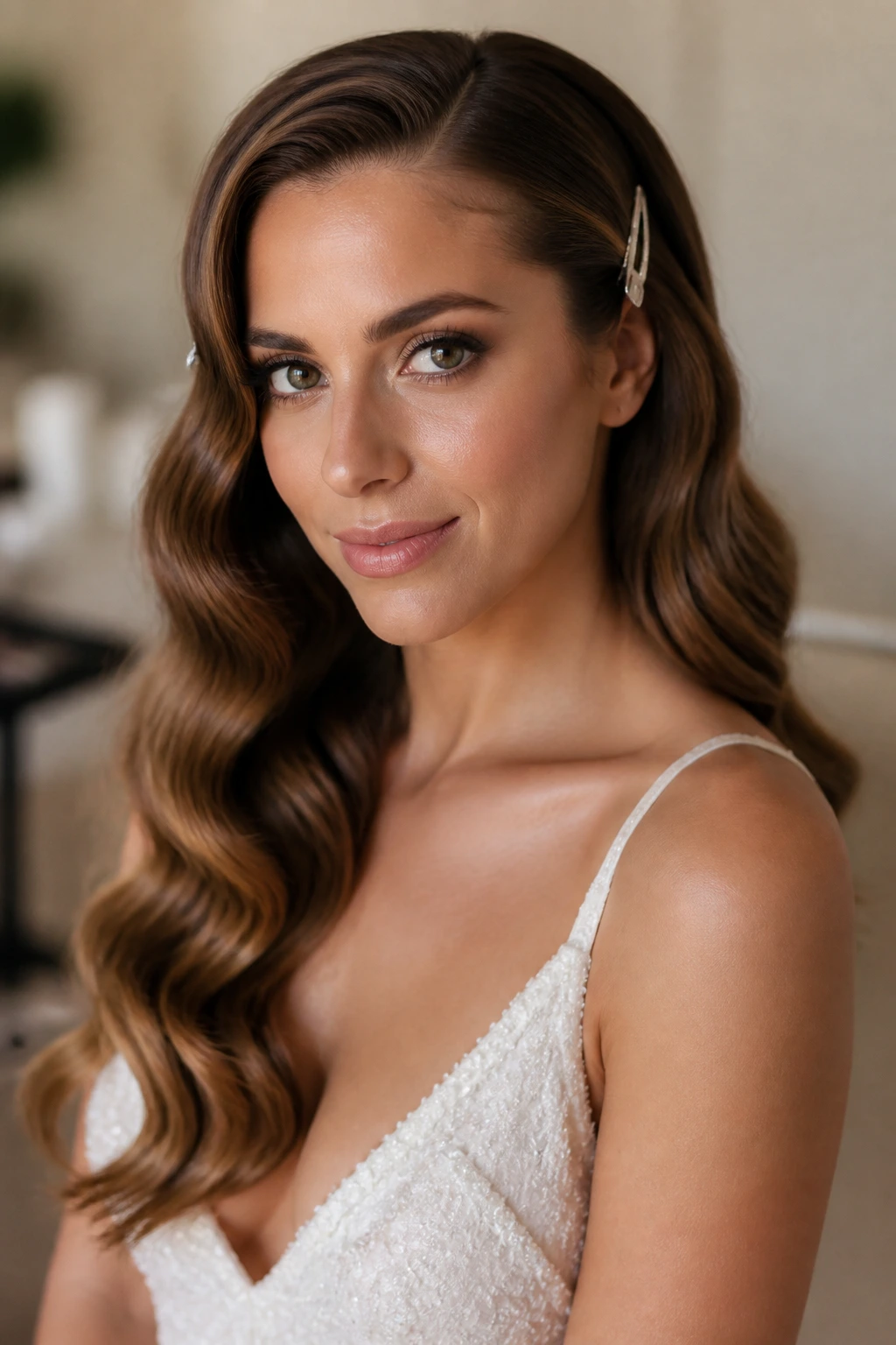 Portrait of bride with loose Hollywood waves and deep side part