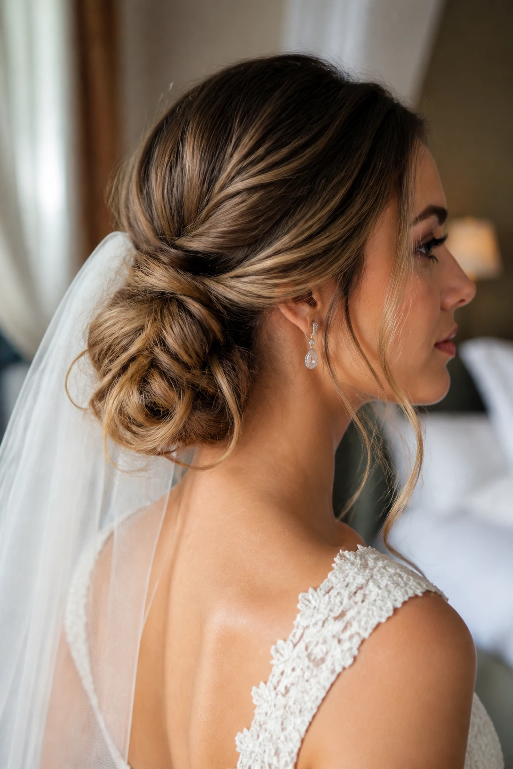 Real bride wearing a loose knot bun that looks finished with veil
