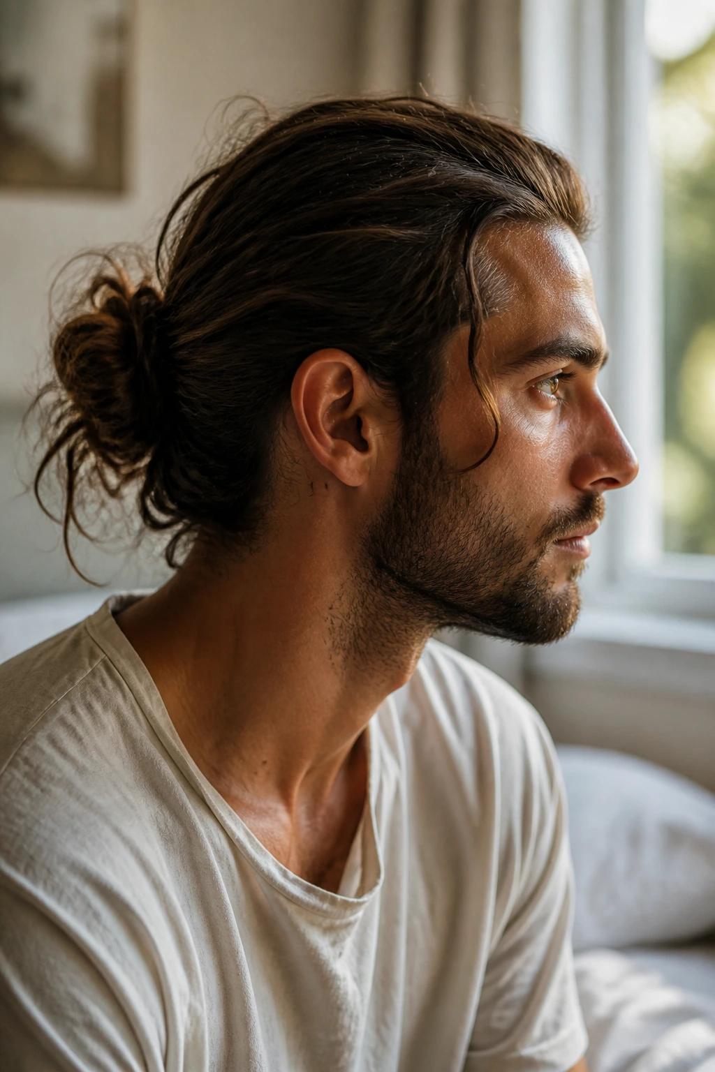 Close-up portrait of a man with a loose knot bun in a sunlit room