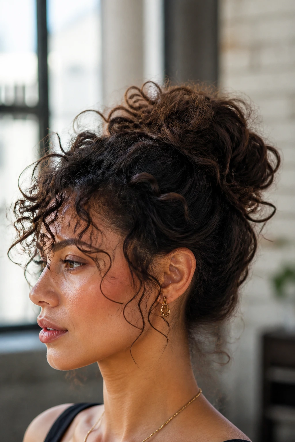 Real woman with loose knot and crown volume hairstyle