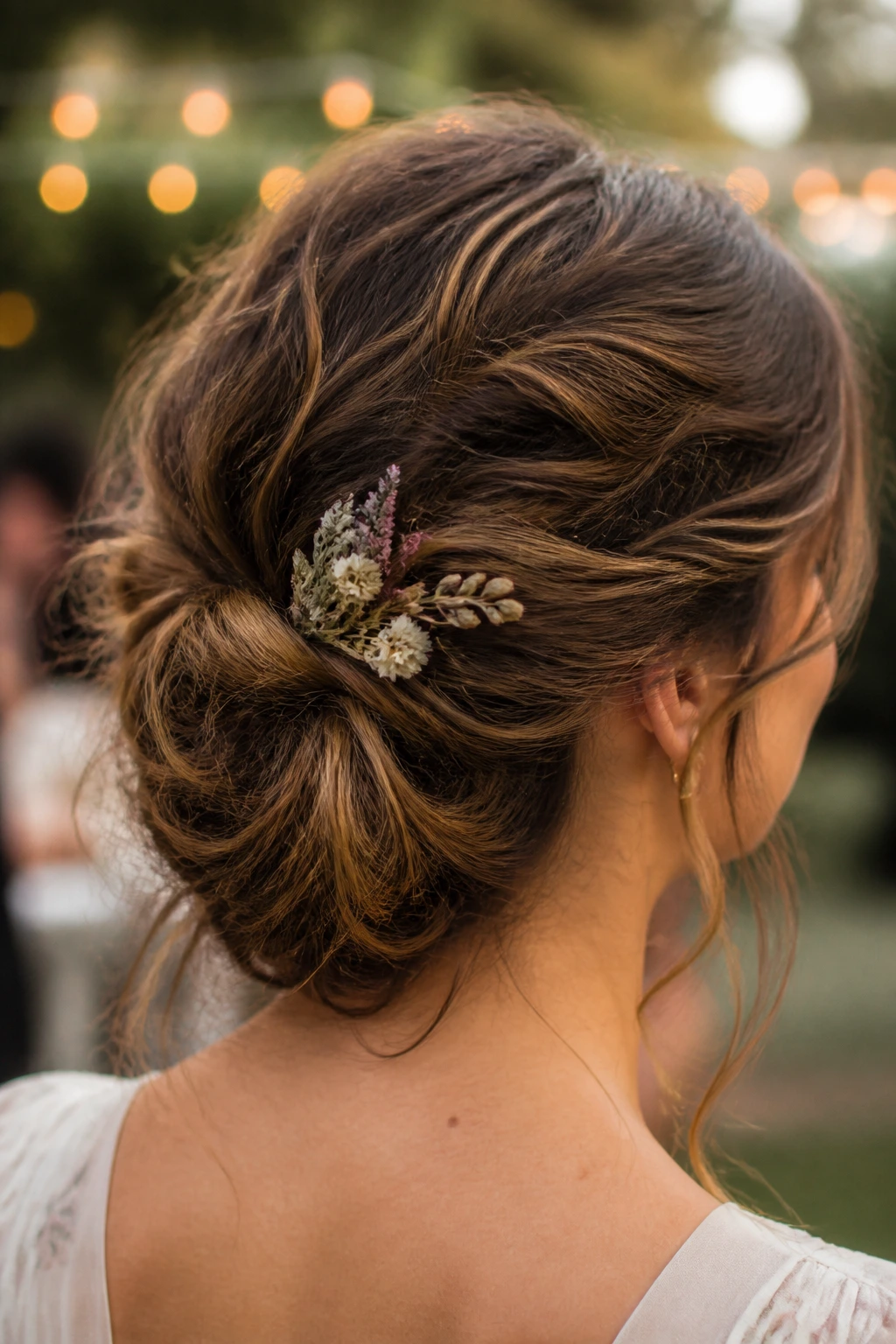 Close-up of a loose knot hairstyle with muted floral pins on a real person outdoors