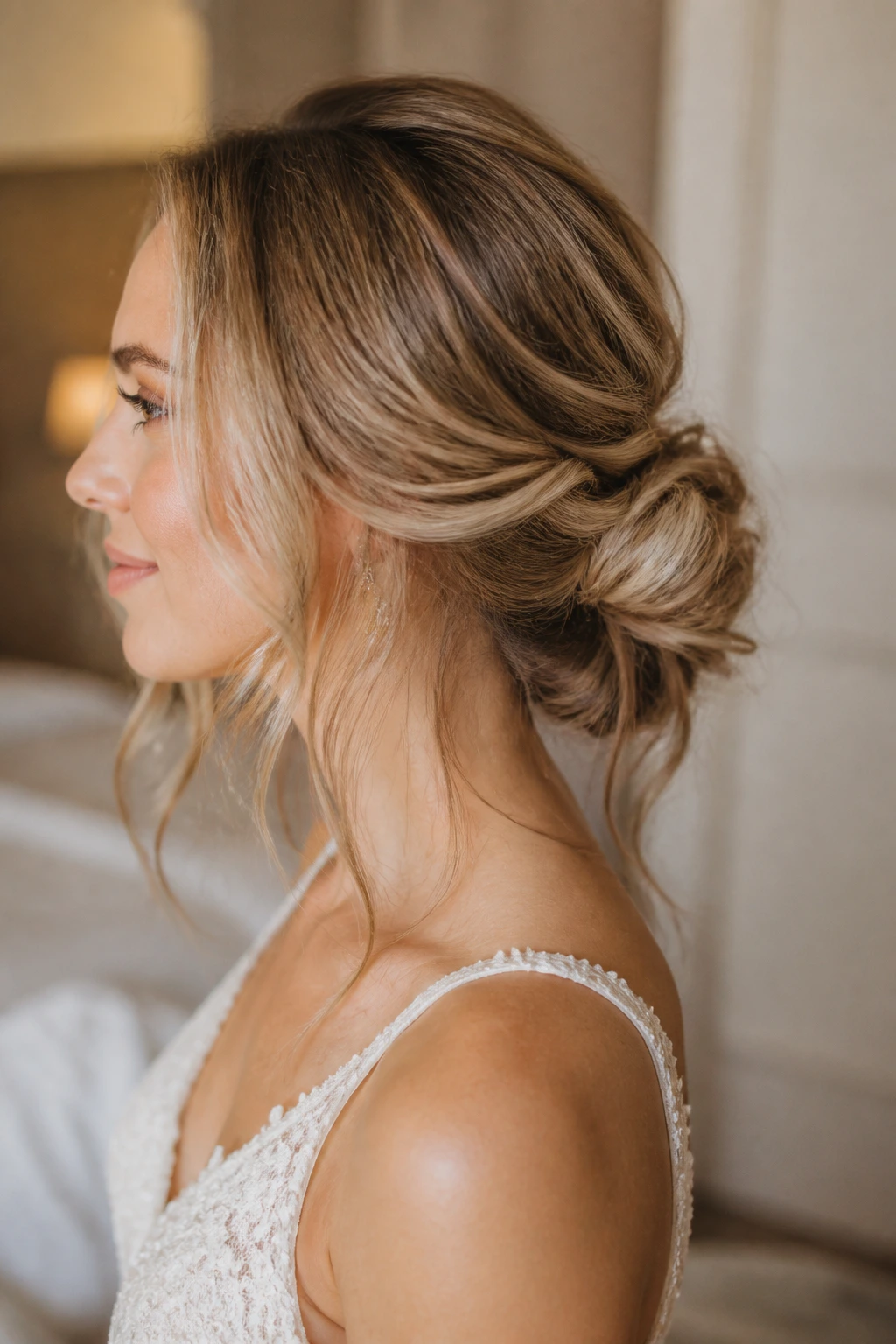 Bride with loose knot and face-framing tendrils