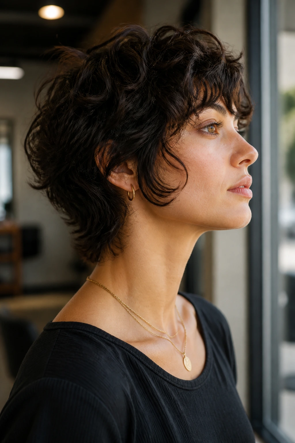 Close-up portrait of a real person with loose-layer wolf shag nape taper hairstyle