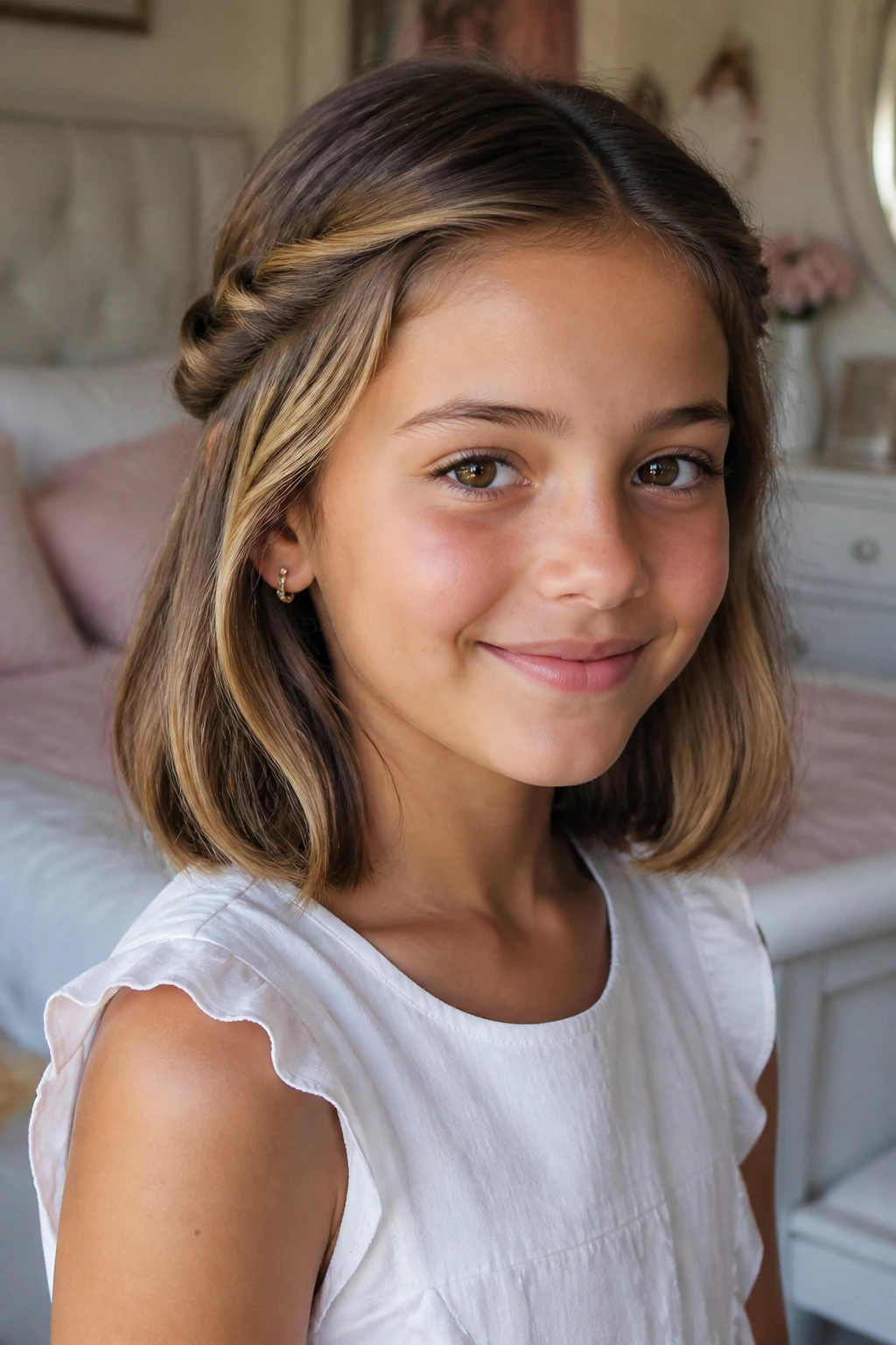 Close-up of a girl with a loose lob and face-framing twists pinned behind the ears.