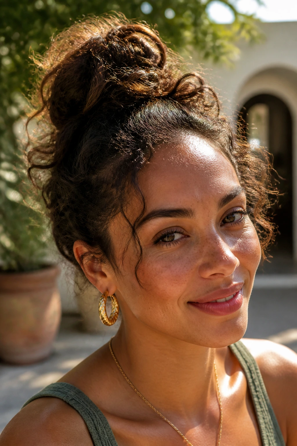 Close-up of Loose Loop Bun with looped hair spilling softly in sunny outdoor setting