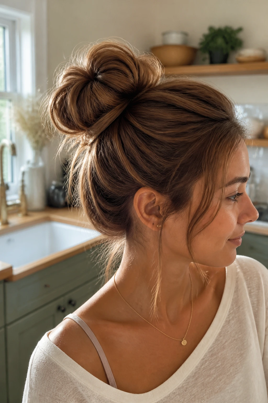 Three-quarter portrait of a real woman with a loose loop bun dominating the frame.