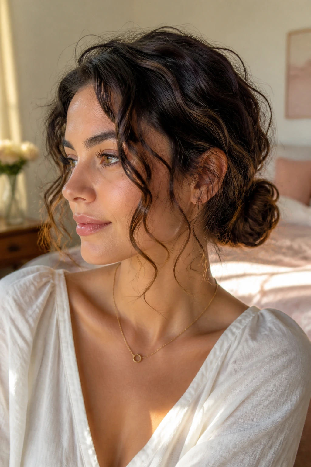 Close-up of a real woman with a loose low bun and tendrils