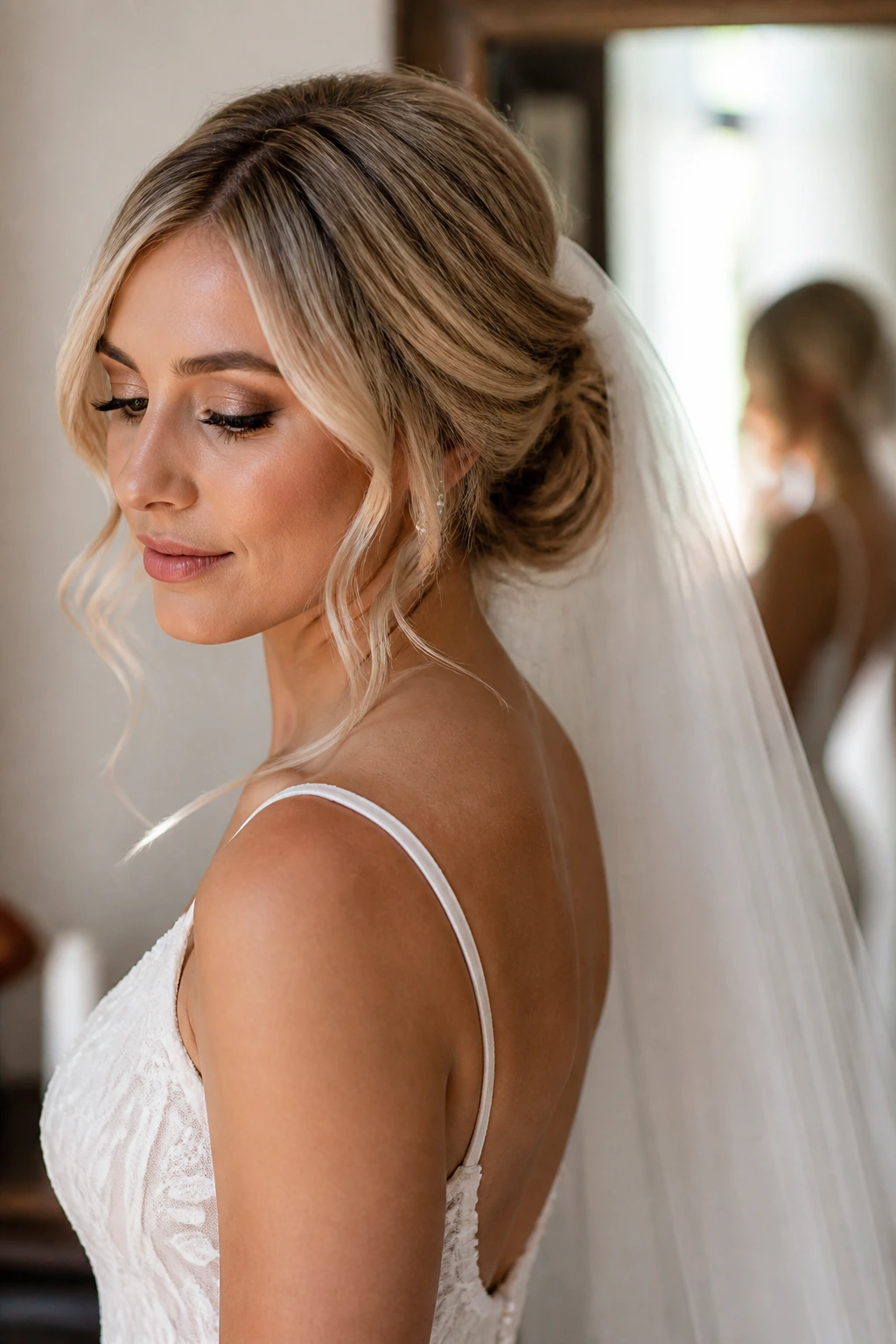 Bride with loose low chignon and soft face-framing pieces