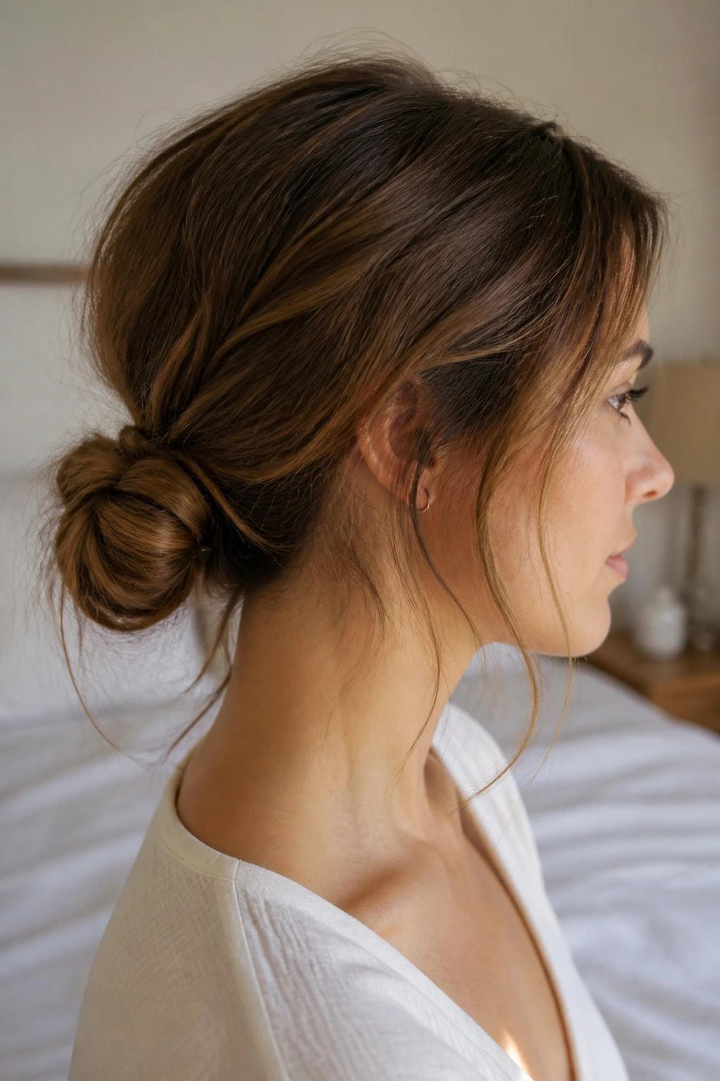 Close-up of a real person with a loose low knot at the nape