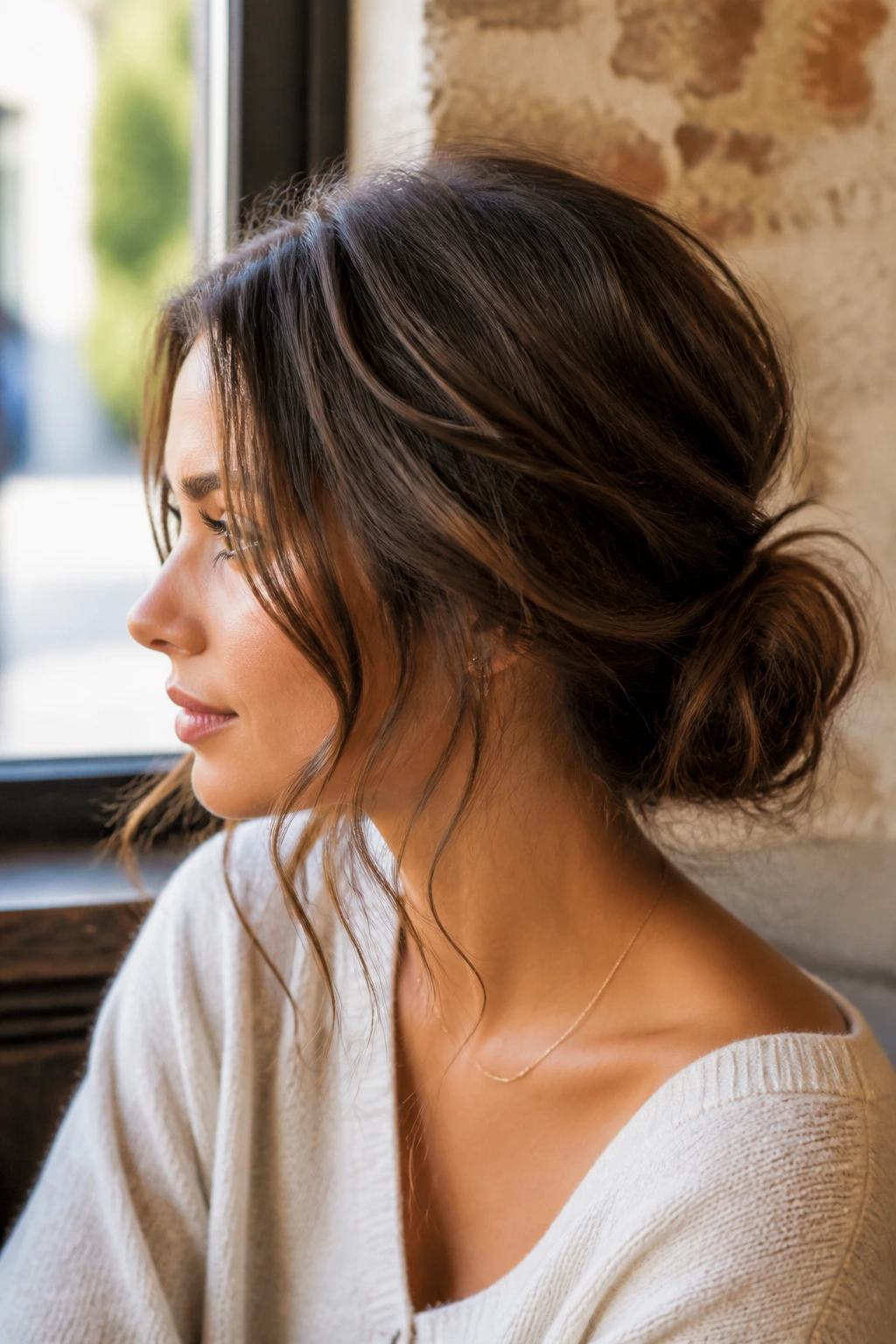 Close-up of a woman with a loose low messy bun and soft strands around the face.