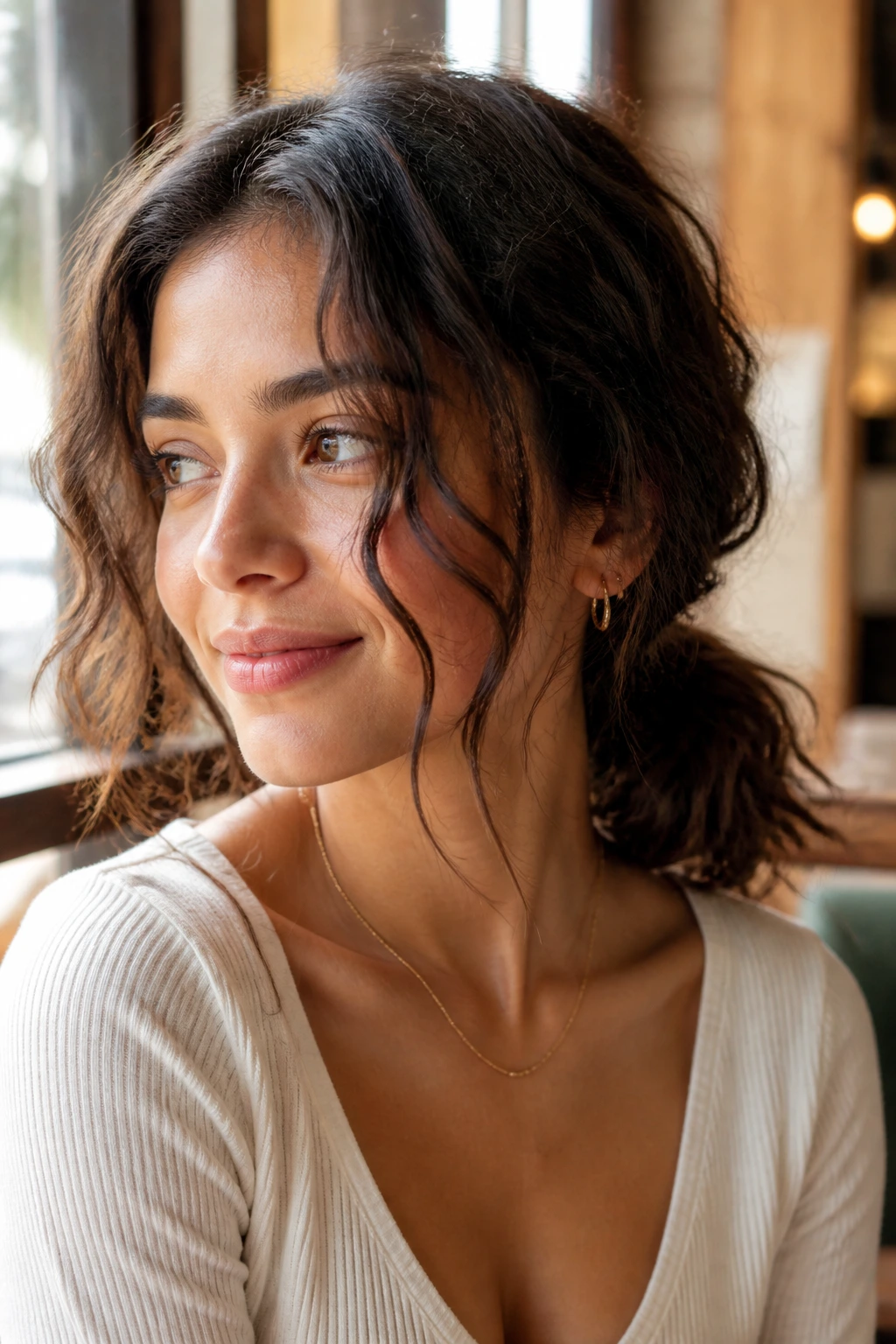 Close-up of a real woman with a loose low ponytail and tendrils