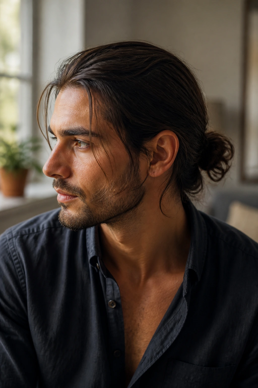 Close-up of a man with a loose low bun and escaping strands