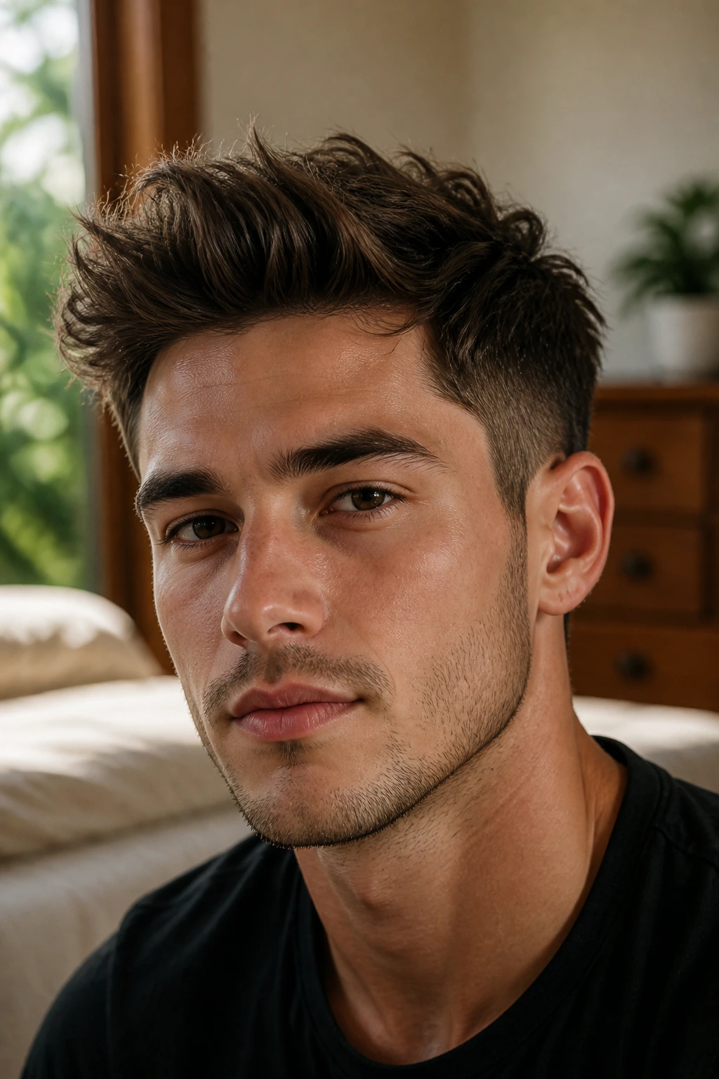 Close-up portrait of a man with a loose matte front quiff under warm window light