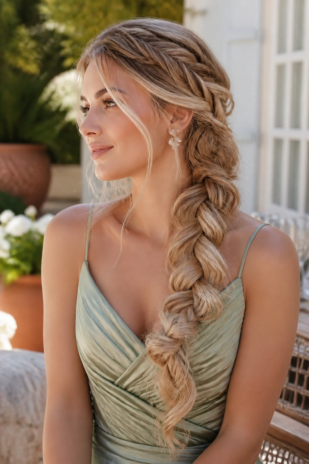 Close-up portrait of a real woman wearing a Loose Mermaid Braid over the shoulder in natural daylight.