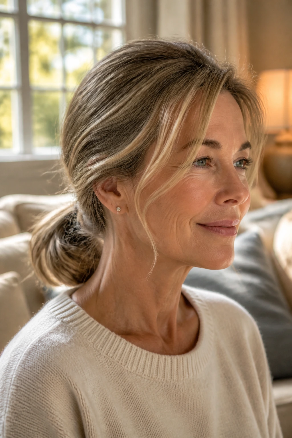 Close-up of a real woman with a loose nape ponytail in a cozy room