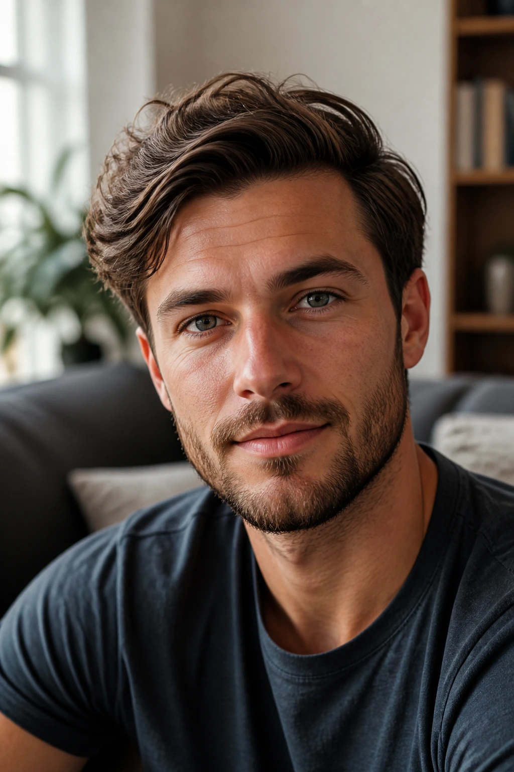 Close-up portrait of a man with a loose natural comb over and soft side sweep.