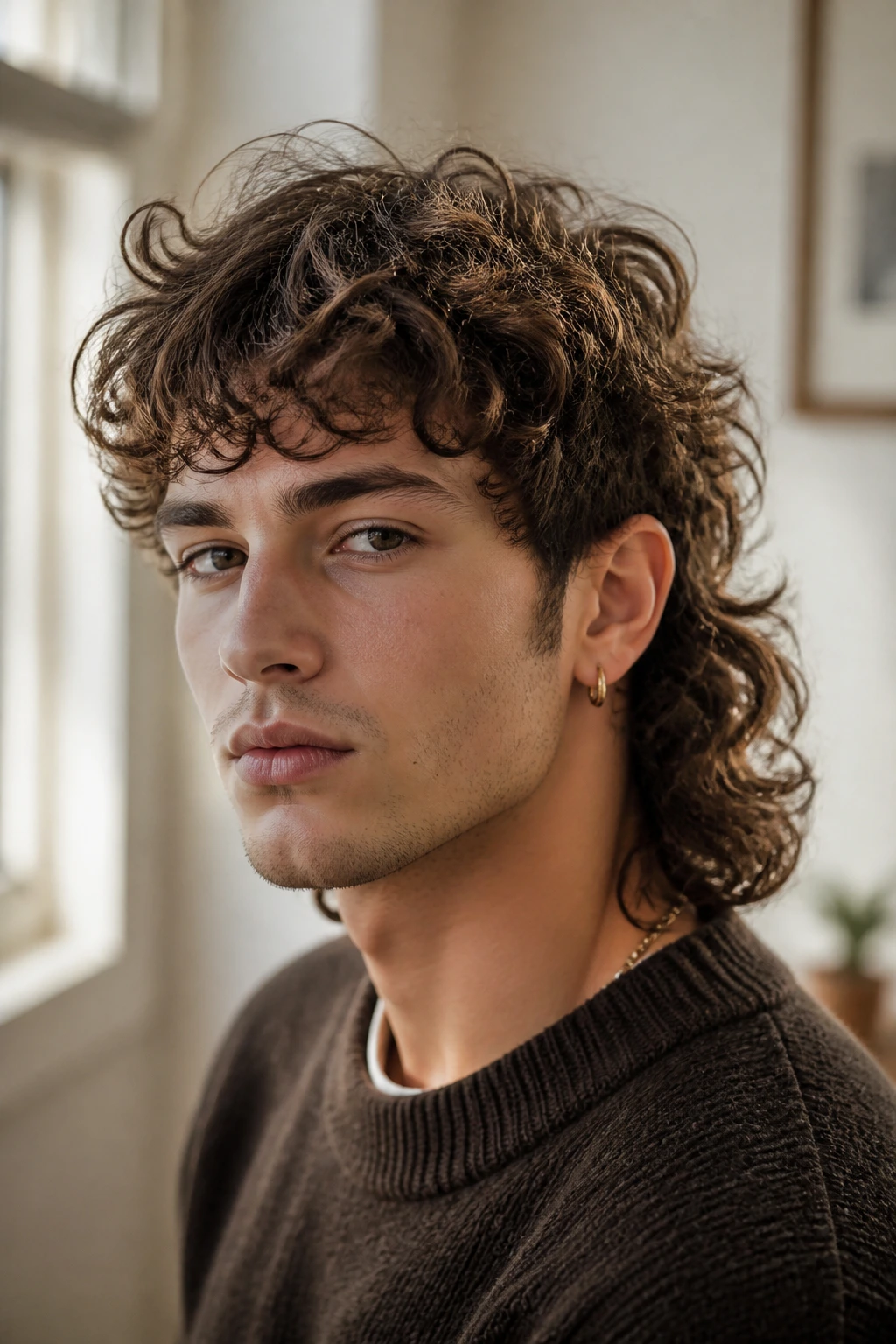 Close-up portrait of a real person with a loose perm mullet in a cozy indoor setting