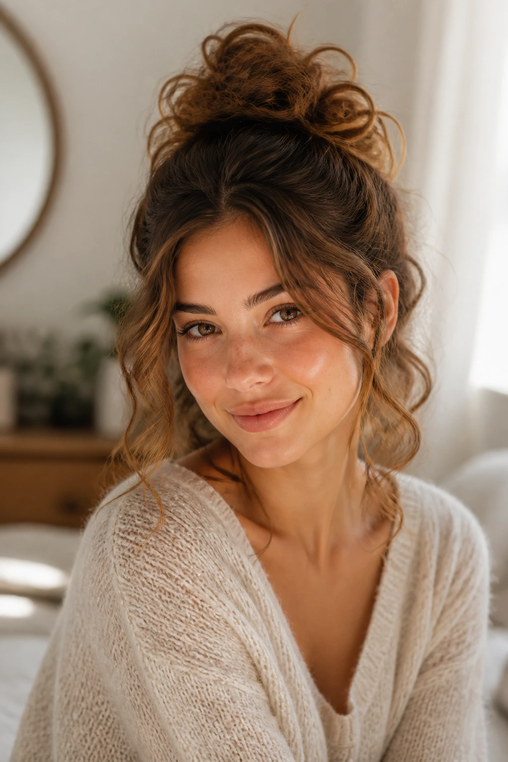 Portrait of a woman with loose pineapple hairstyle and refreshed waves