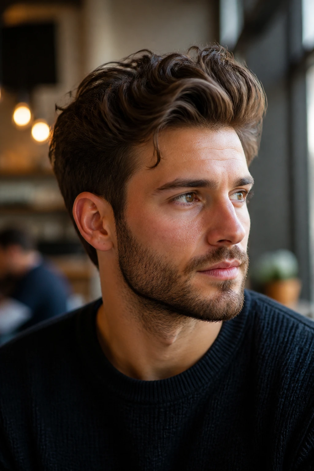 Close up of a man with a loose quiff in cafe lighting