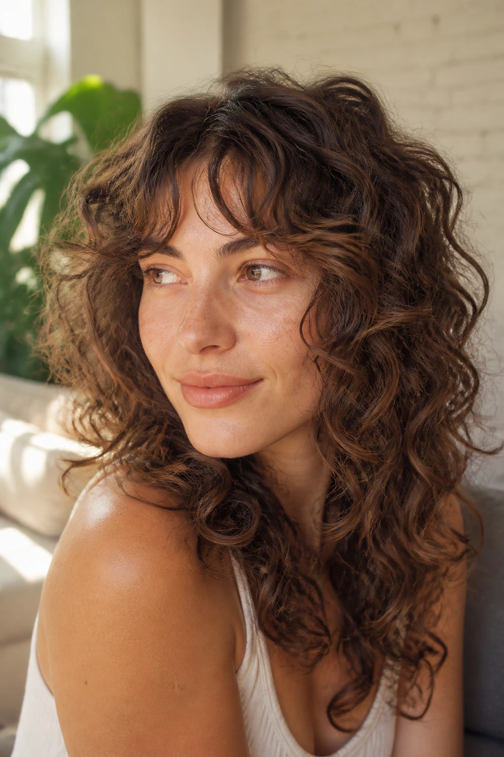 Close-up of a real woman with loose ringlets in a shag, warm window light