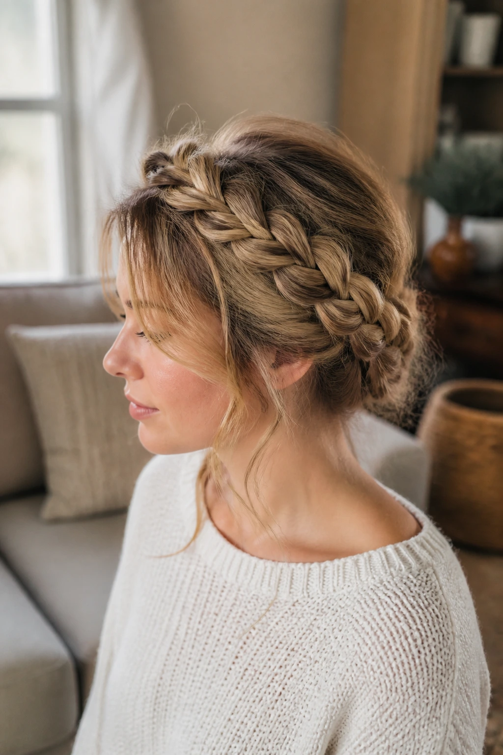 Side-profile of real woman with a loose rope braid and crown volume