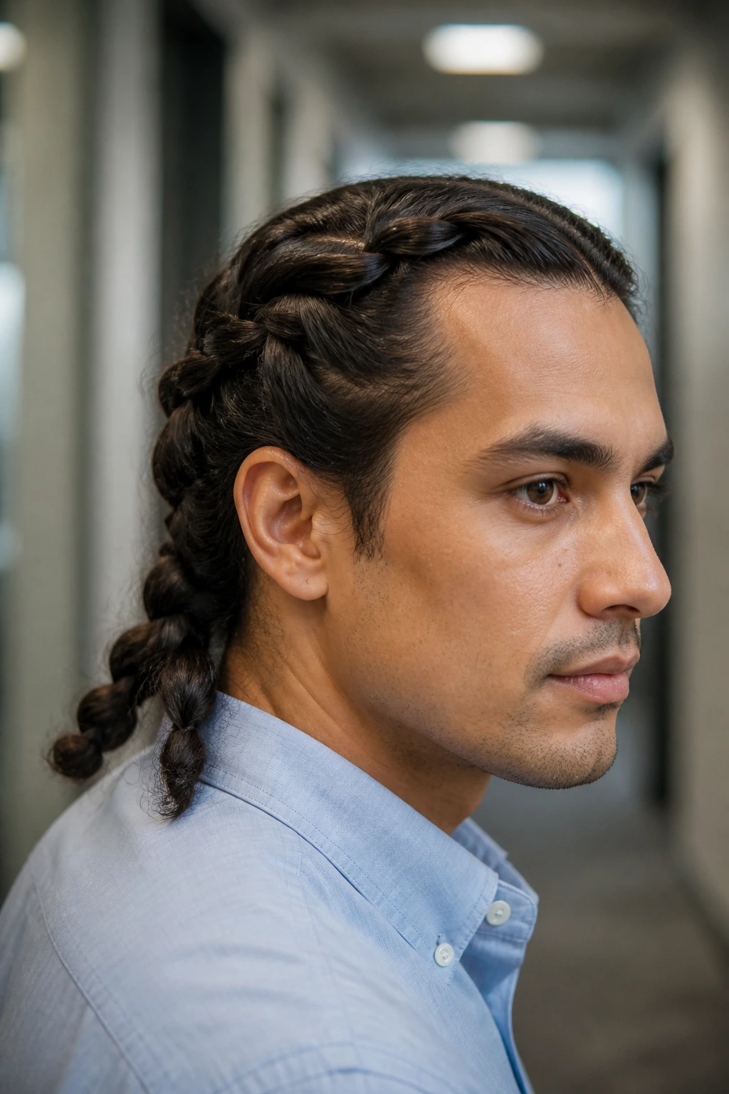 Portrait of a man with loose rope twists visible at the back, office setting
