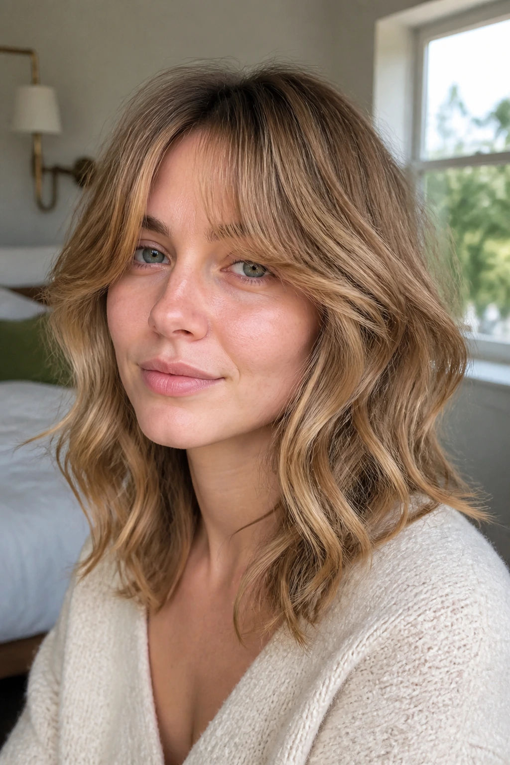 Close-up portrait of a real woman with loose S-Wave Shag and curtain bangs in natural window light