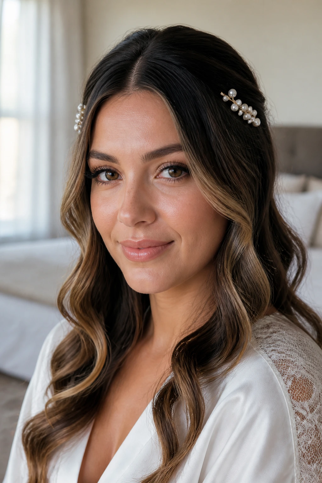 Close-up of a woman with loose S-waves and pearl pins near the temples