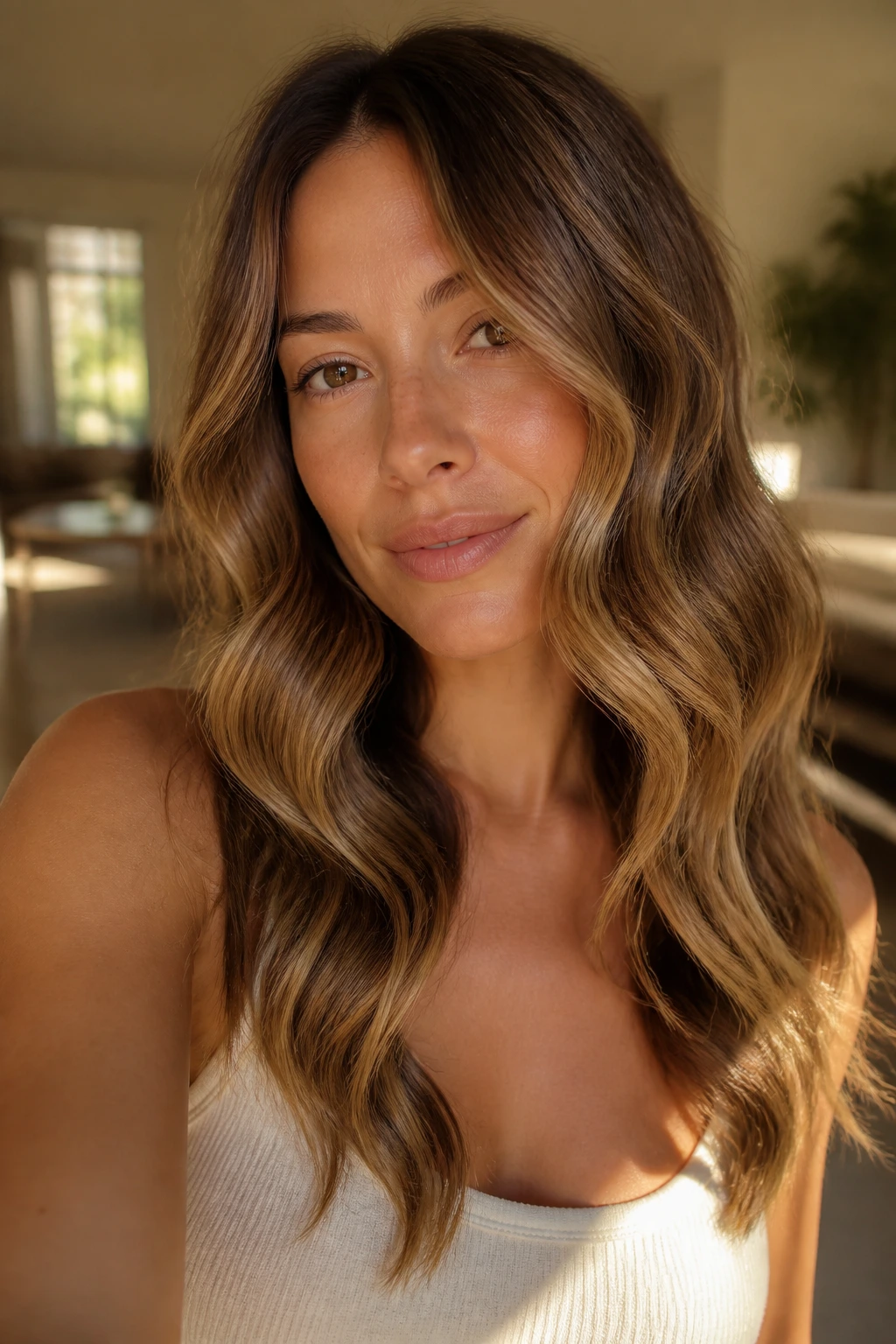 Portrait of a woman with loose S-waves in a warm interior
