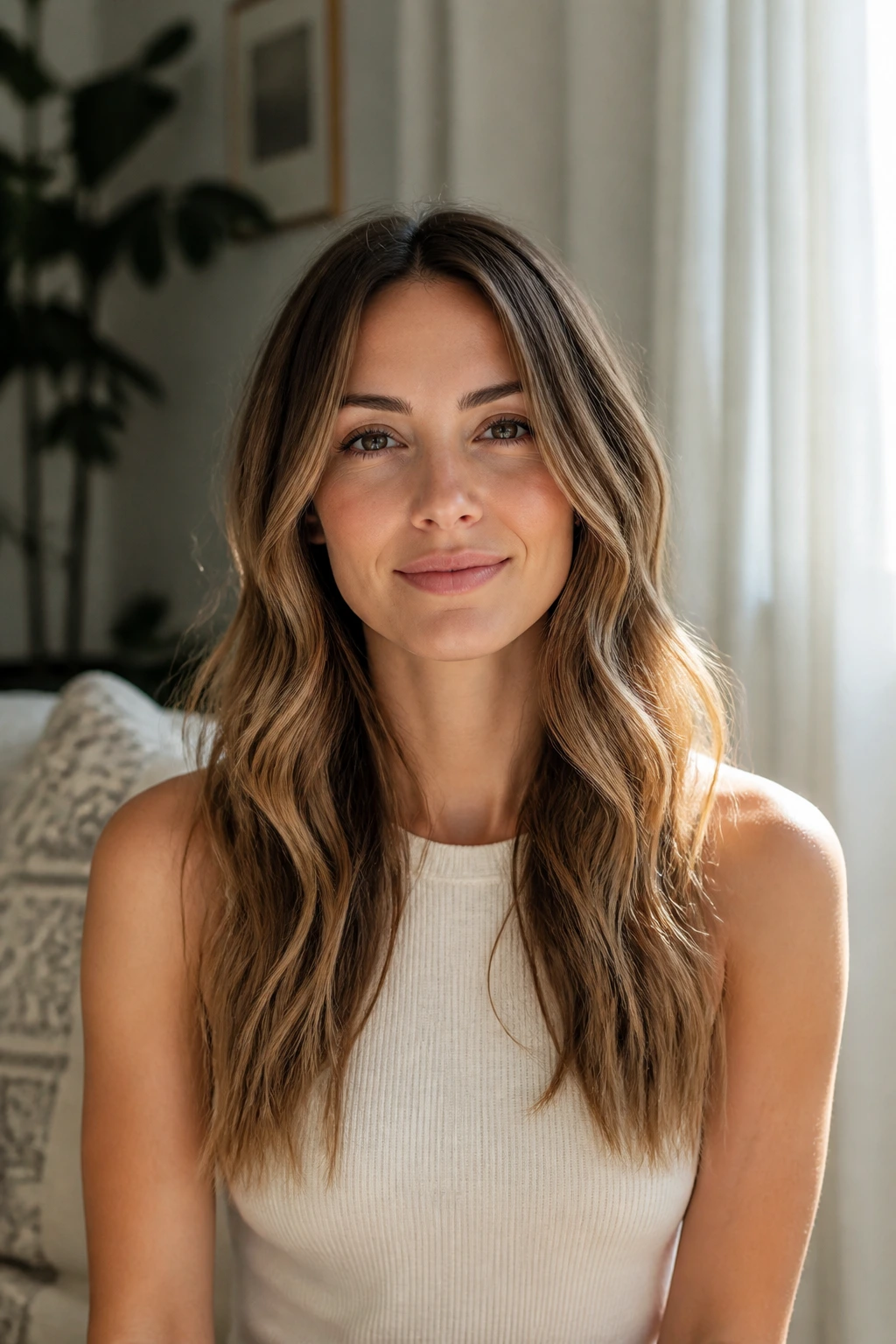 Close-up of a real woman with loose S-waves and straightened ends.