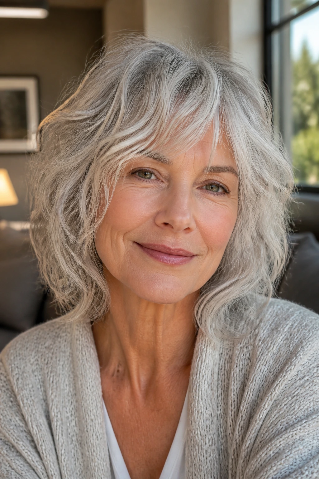 Close-up of an older woman with a loose shag haircut that softens the face