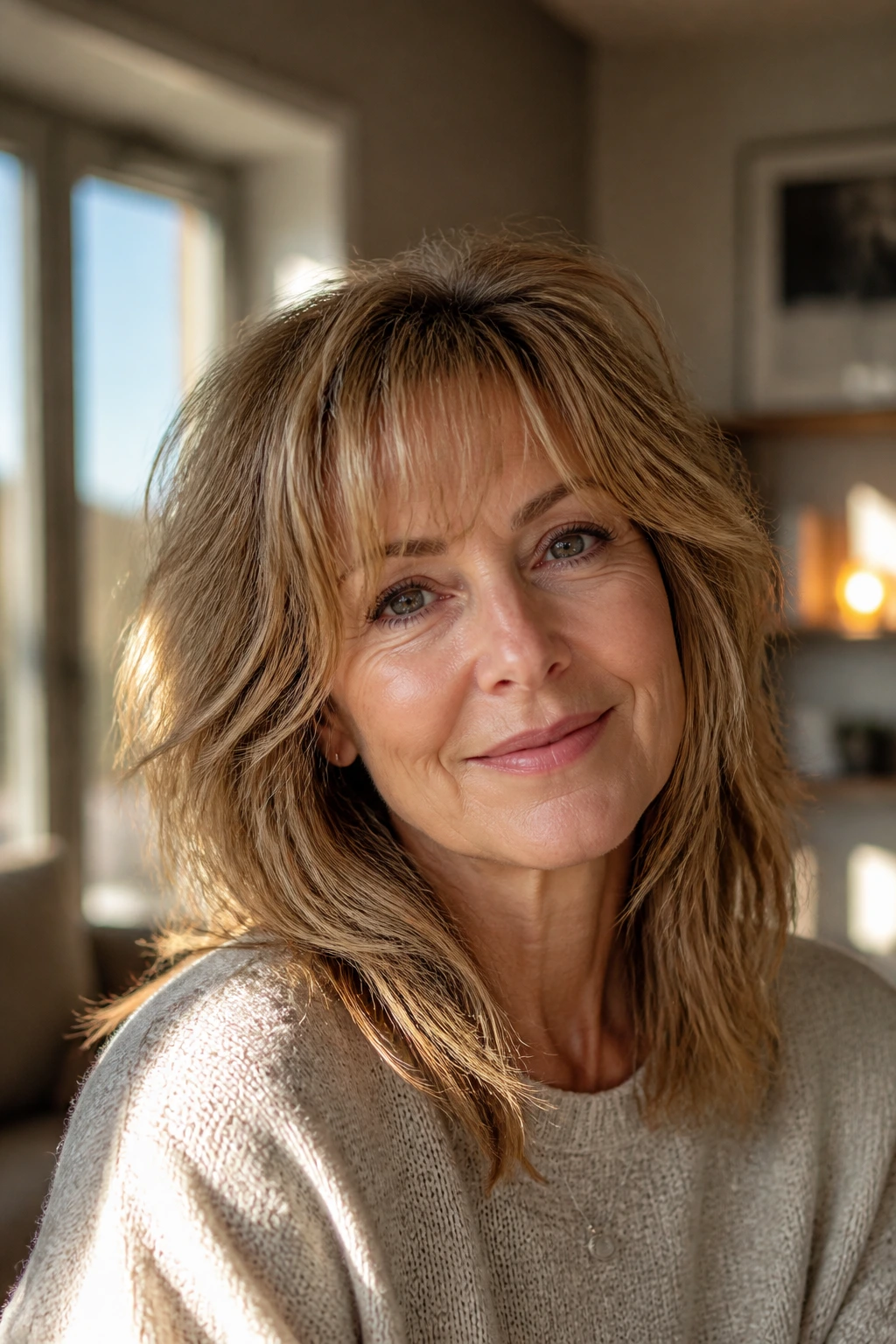 Close-up portrait of a real woman with a loose shag hairstyle and soft layers in warm afternoon light.