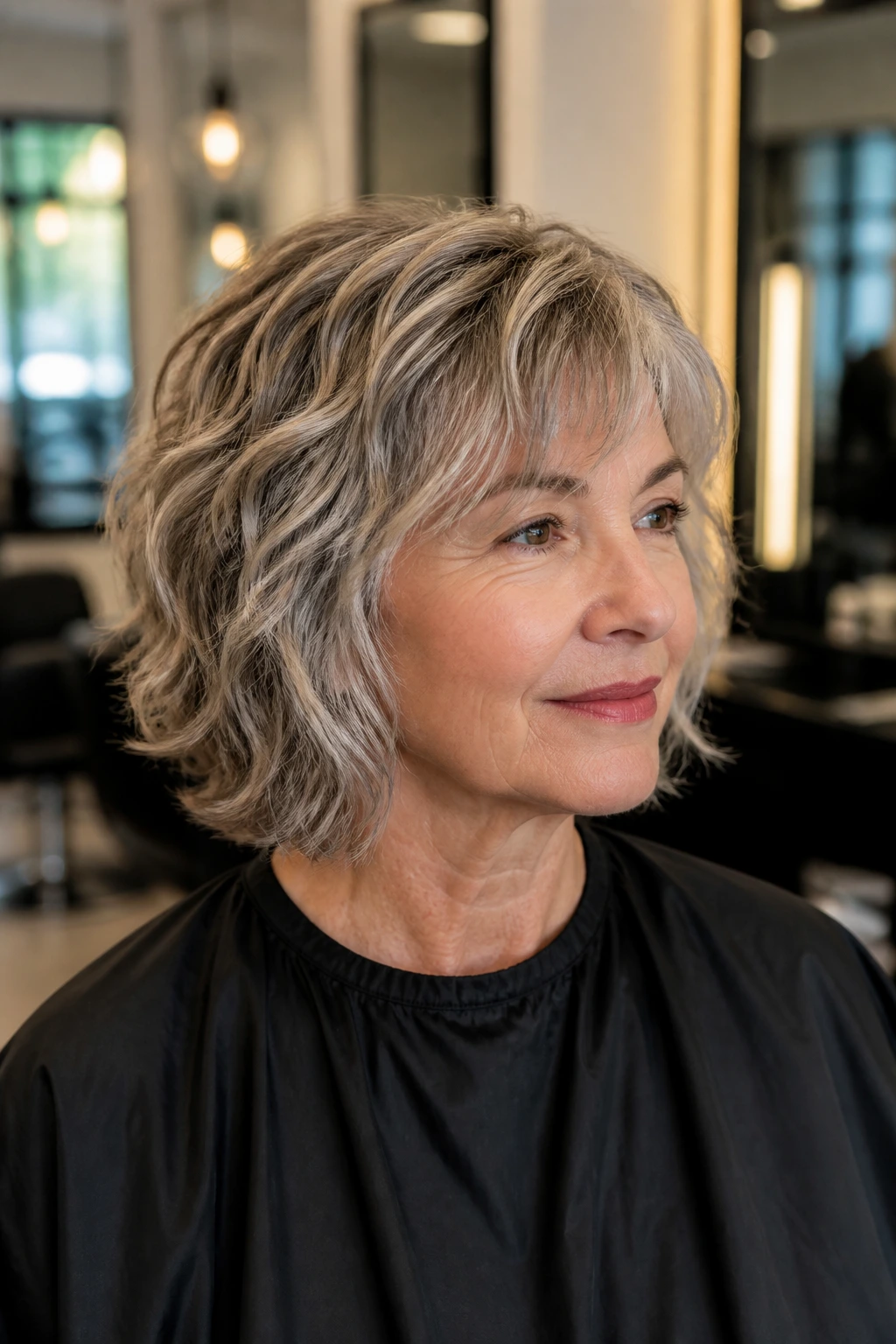 Real woman in a salon chair with loose shag haircut shown from front and profile