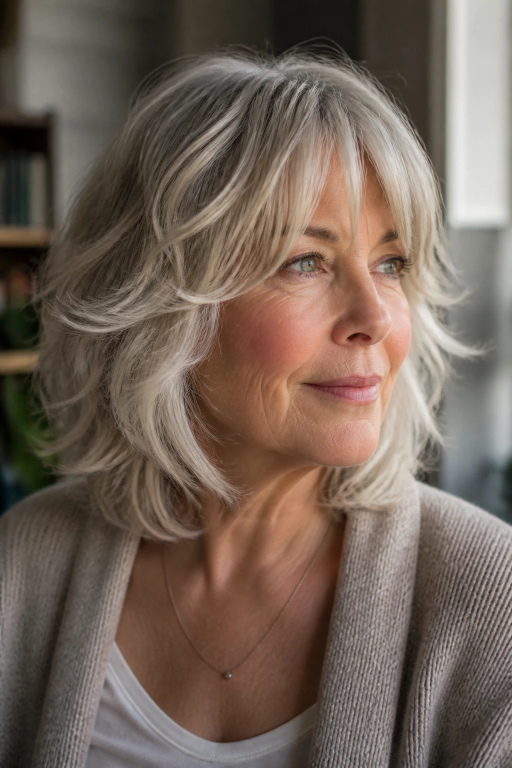 Close-up portrait of an older woman with a loose shag haircut showing soft edges and natural movement