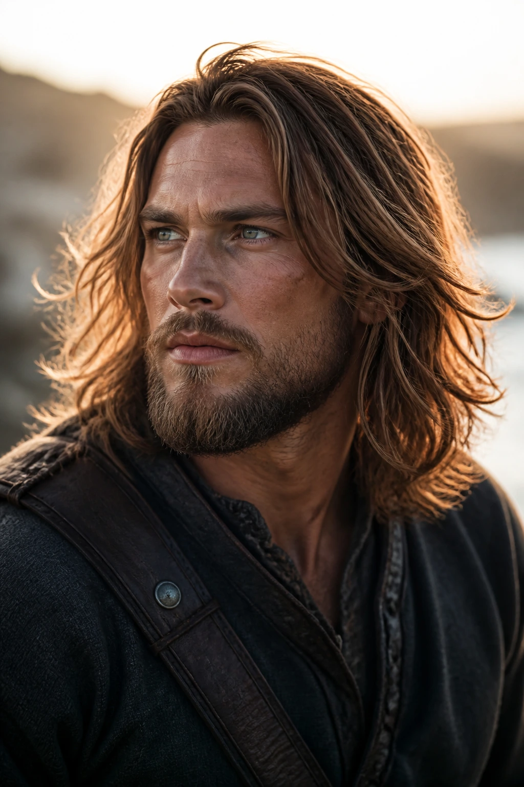 Man with loose shoulder-length layers in windy outdoor setting