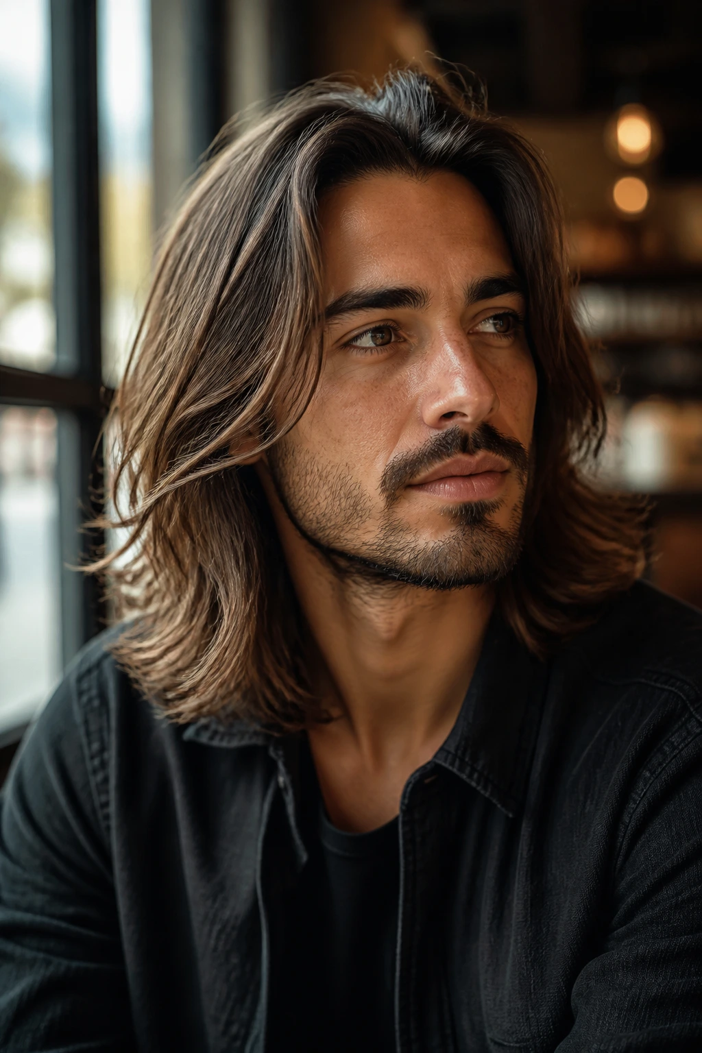 Portrait of man with shoulder-length layered hair close-up